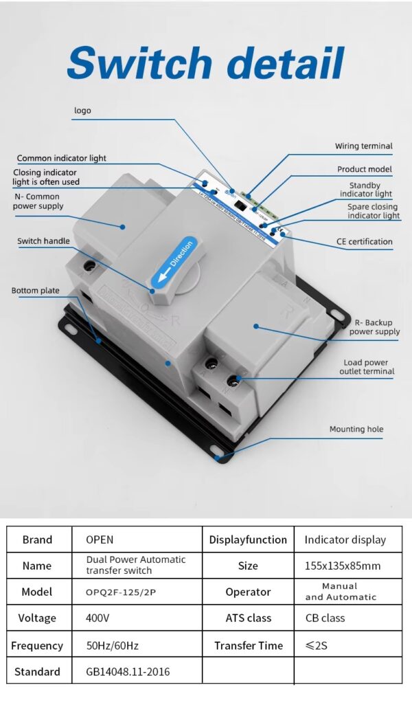 ATS Automatic changeover Switch 2P 125A